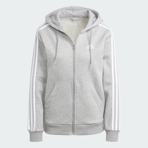 Essentials 3 Stripes Full Zip Fleece Hoodie Grey IM0236 01 laydown