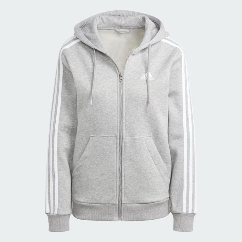 Essentials 3 Stripes Full Zip Fleece Hoodie Grey IM0236 01 laydown