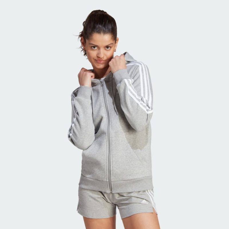 Essentials 3 Stripes Full Zip Fleece Hoodie Grey IM0236 21 model