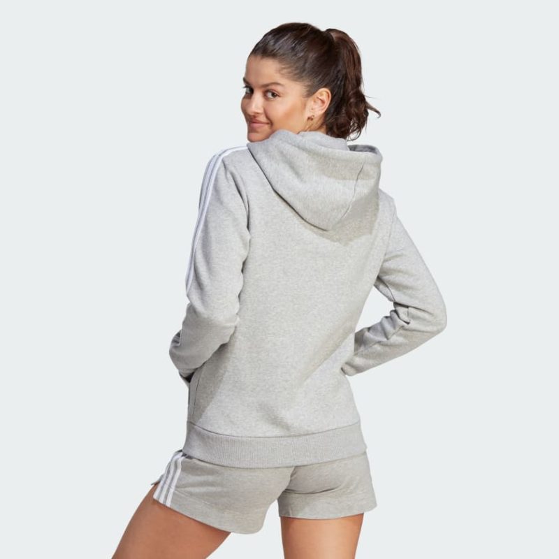 Essentials 3 Stripes Full Zip Fleece Hoodie Grey IM0236 23 hover model