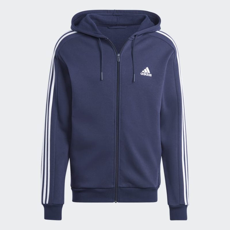 Essentials Fleece 3 Stripes Full Zip Hoodie Blue IJ6478 01 laydown