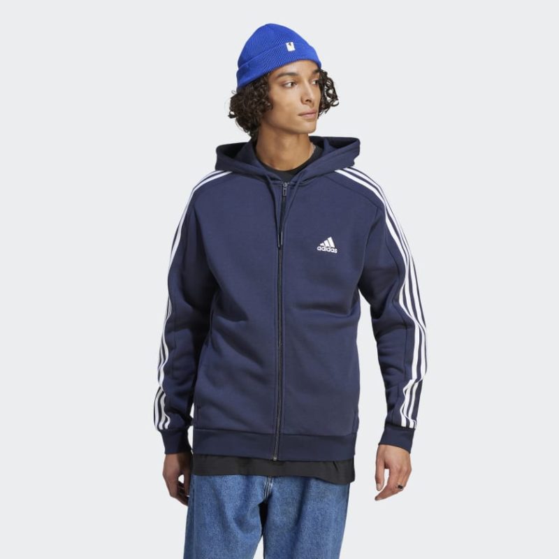 Essentials Fleece 3 Stripes Full Zip Hoodie Blue IJ6478 21 model