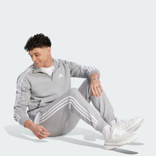 Essentials Fleece 3 Stripes Tapered Cuff Pants Grey IJ6494 25 model