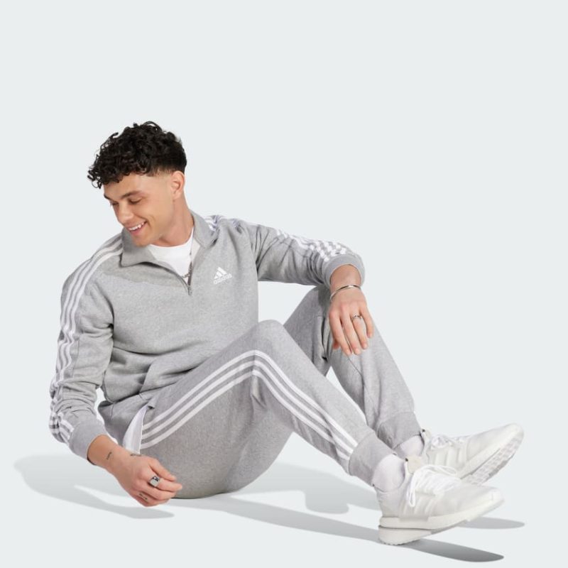 Essentials Fleece 3 Stripes Tapered Cuff Pants Grey IJ6494 25 model