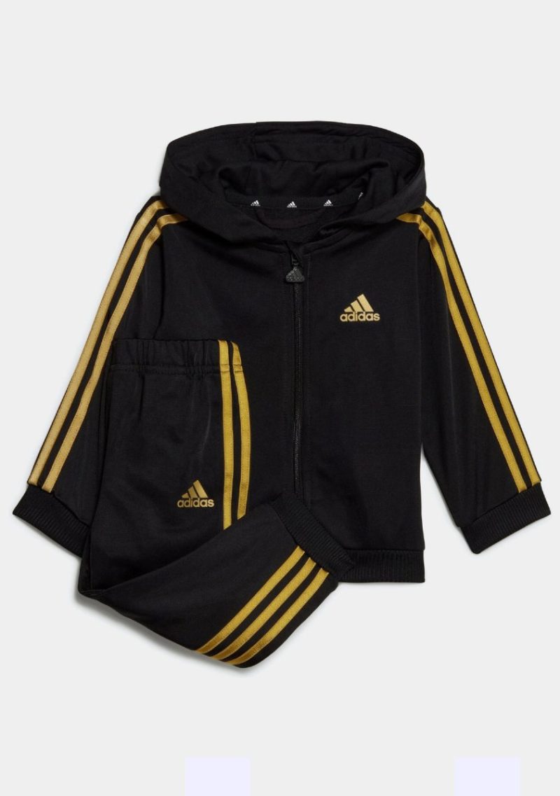 adidas infants essentials shiny hooded tracksuit blackgold 132710