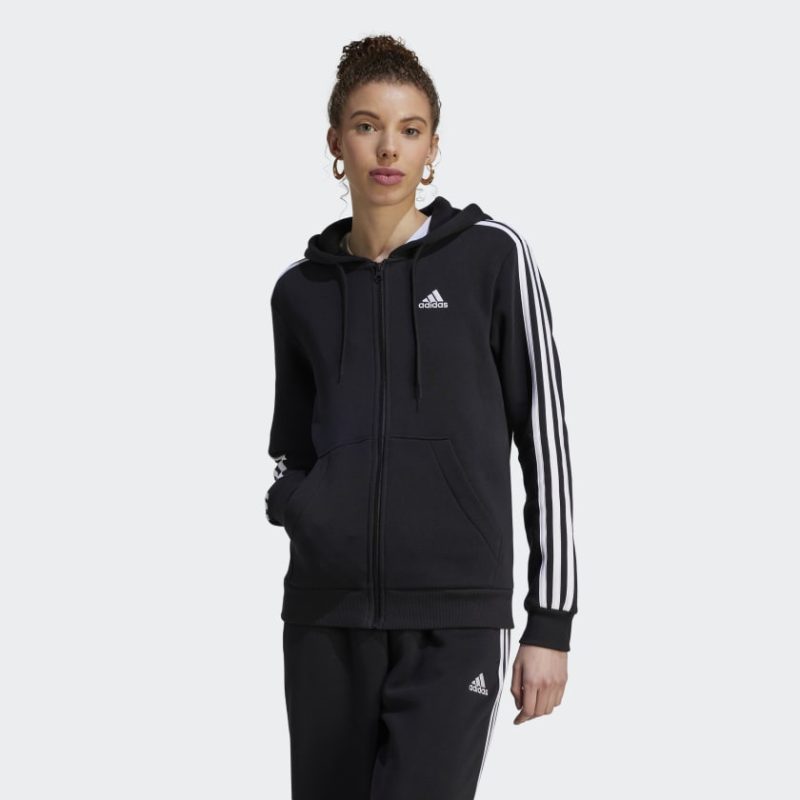 adidas womens 3 stripe fleece full zip jacket black 740623