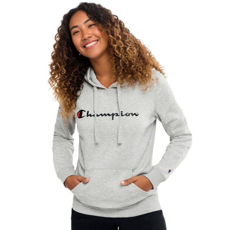 champion womens script oxford heather grey hoodie 259043