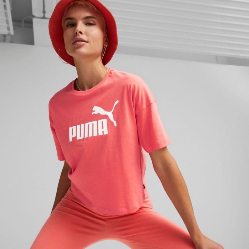 puma womens essentials logo cropped bright pink tee 775043